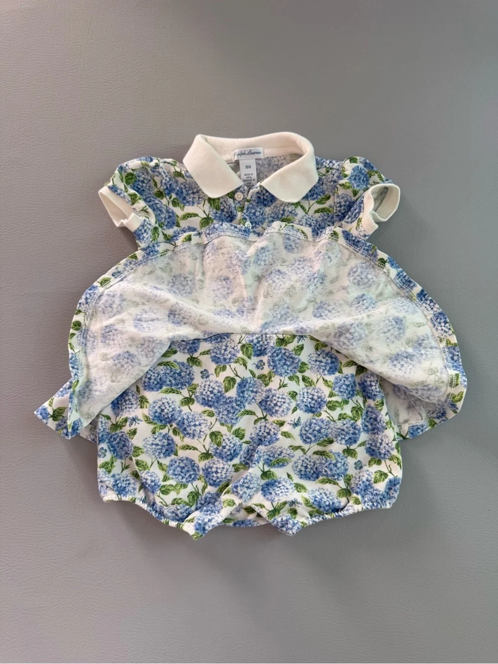 Ralph Lauren Baby Blue Hydrangea Polo Romper Dress 18M Garden Party Dress
